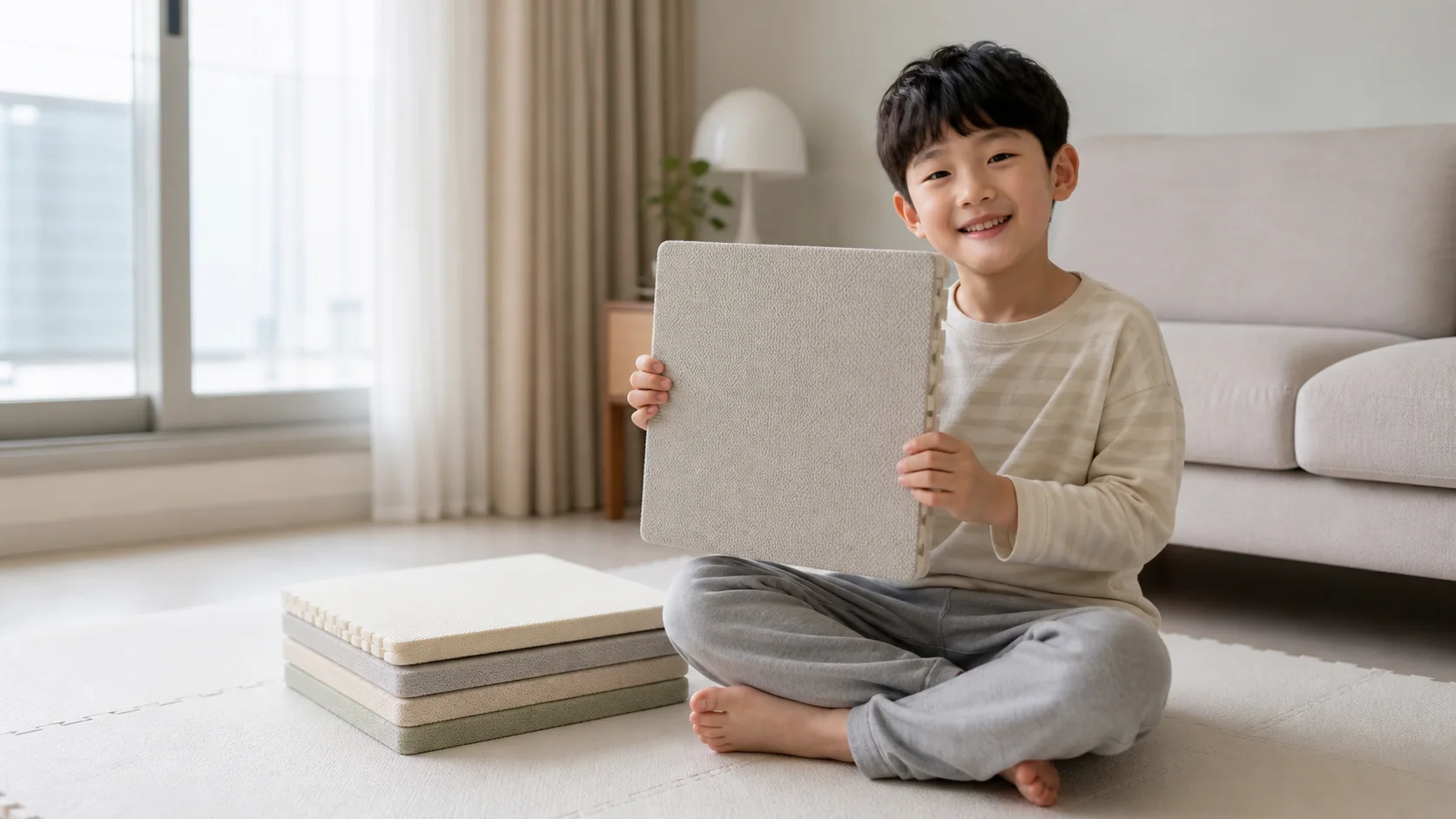 밝은 거실에서 층간소음매트 샘플을 들고 있는 어린이